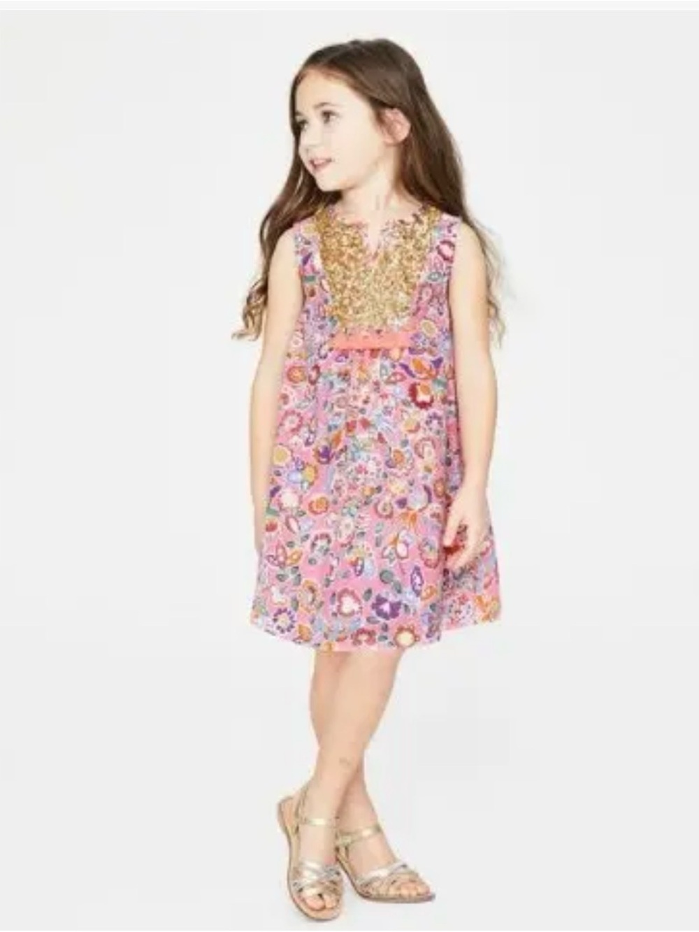 Mini Boden Pink Floral Sleeveless Dress with Gold Embellished Yoke